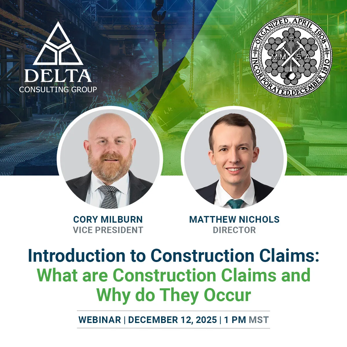 Cory Milburn and Matt Nichols presenting a webinar for the Mining & Metallurgical Society of America on December 12 at 1:00 p.m. MST
